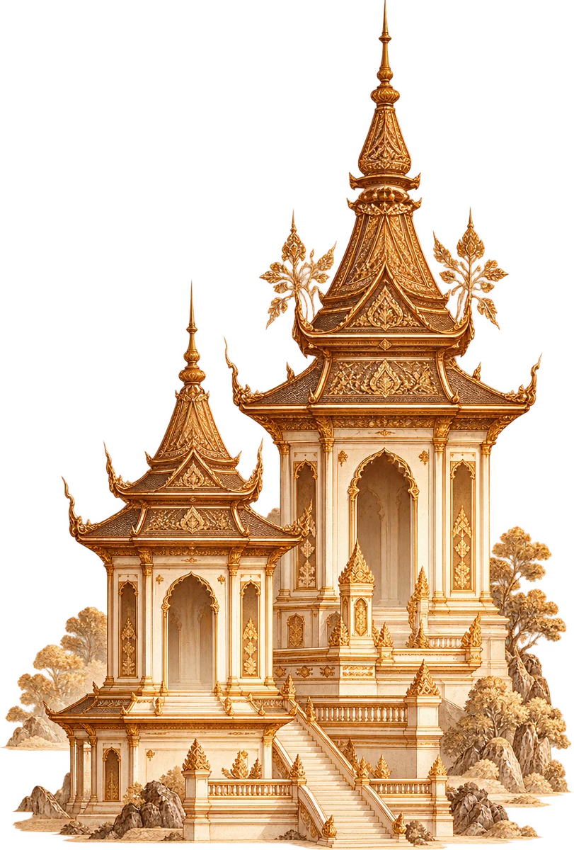 Golden Lao-style temple with tiered roofs and a tall spire